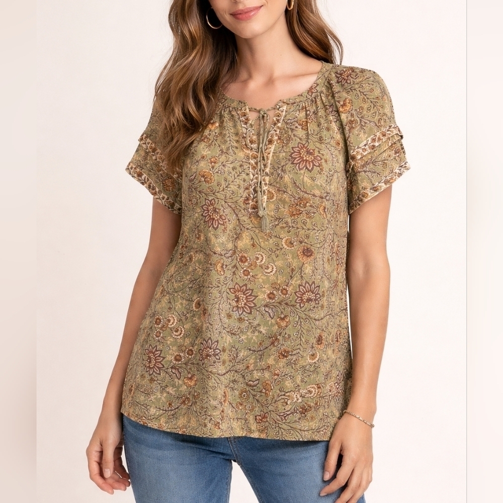 DR2 Sage Floral Ruffle Short Sleeve Tie Neck Peasant Blouse
